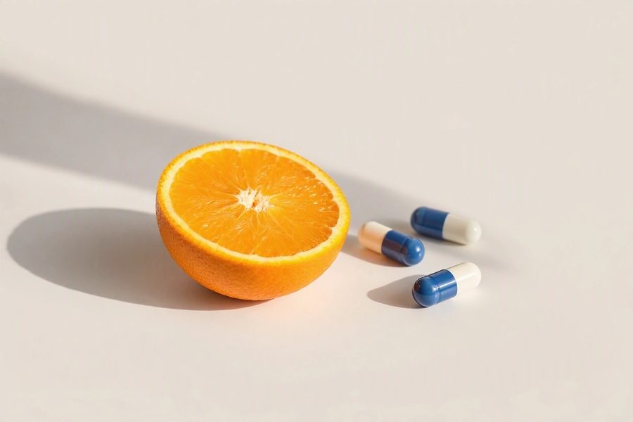 Naranja y cápsulas a la luz del sol