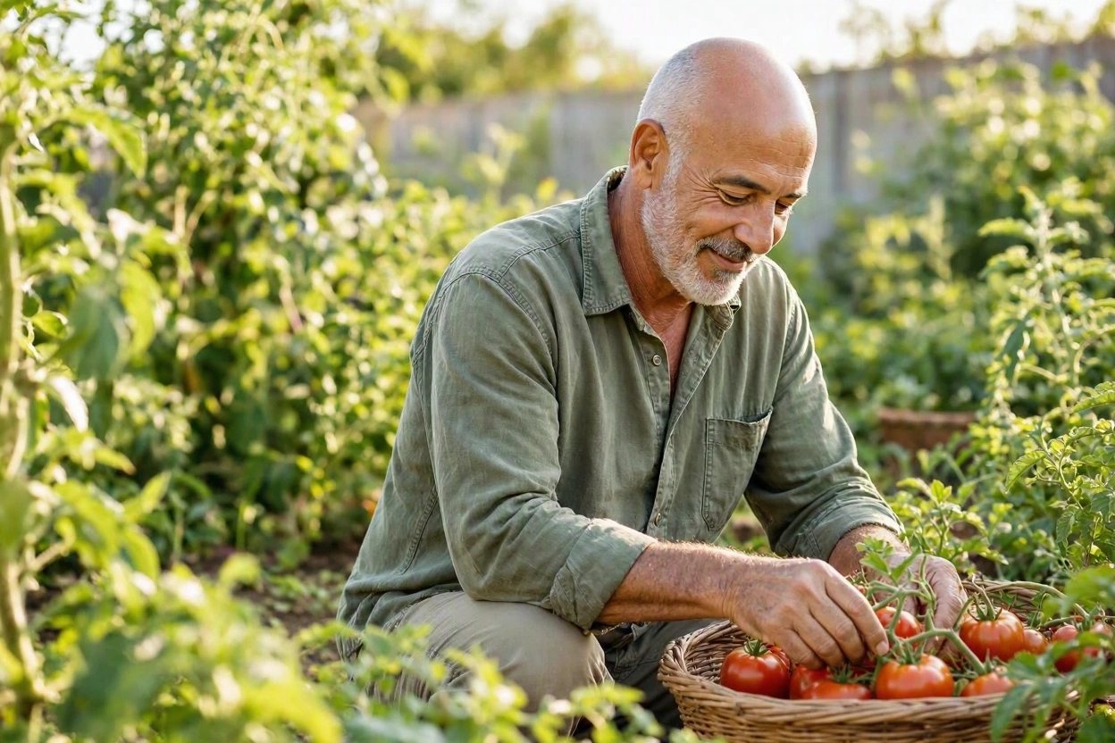 Hombre argentino cosechando tomates en su huerta