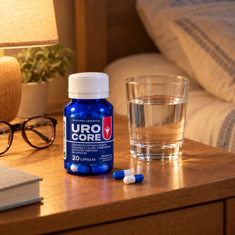 UROCORE en la mesa de luz junto a un vaso de agua